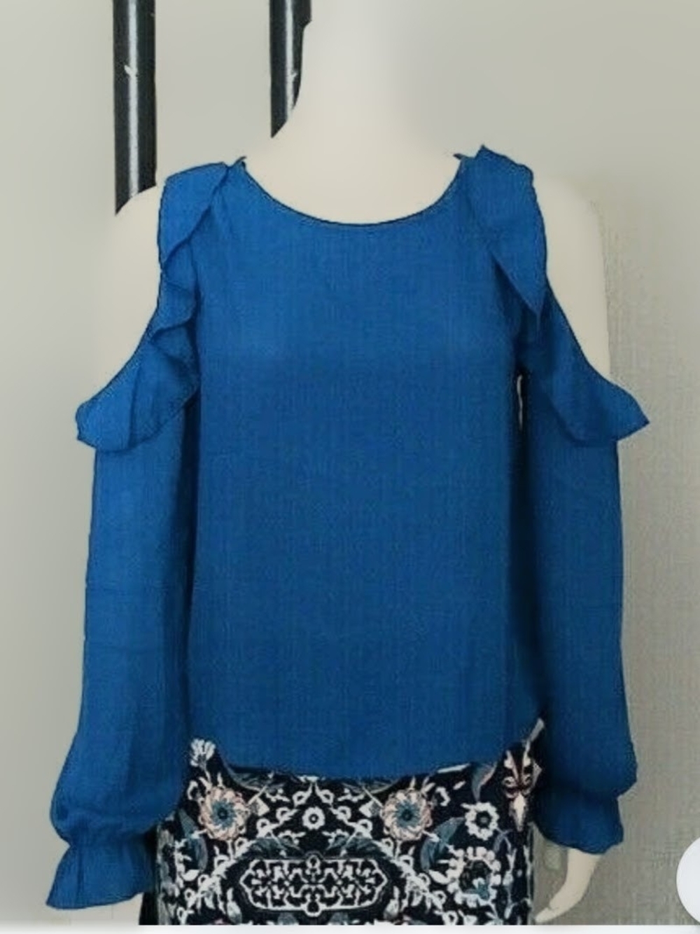Blue Long Sleeve Cold Shoulder Ruffle Blouse One Clothing - L